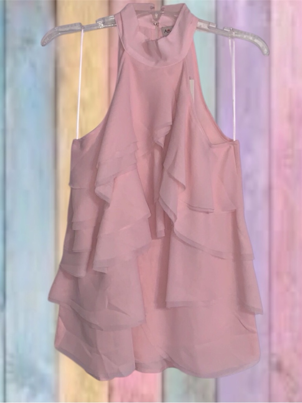 Alythea Soft Pink Mock Neck Ruffled Frayed Edging Sleeveless Top NWT - Picture 4 of 13